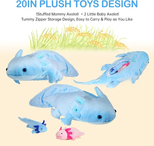 Miniatura 2 de Peluche de ajolote azul con 2 pequeños animales de peluche de ajolote, juego de 3 piezas de animales de peluche suaves con cremalleras, mamá axolote