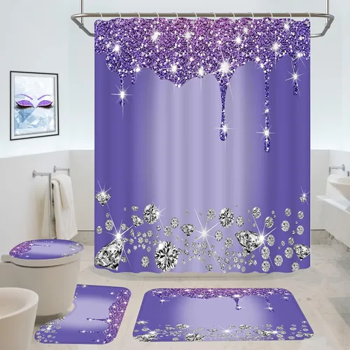 Miniatura 7 de 4 piezas de juego de cortina de ducha con destellos de diamantes, decoración de baño negra y plateada con goteo brillante con tapete y funda