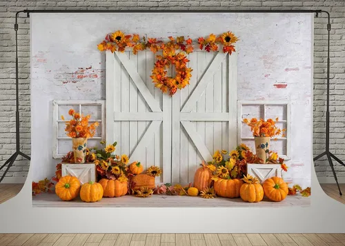 Miniatura 9 de Kate Fondo de fotos de 7 x 5 pies con diseño de calabaza de Acción de Gracias, para cosecha, pared blanca, puerta de madera blanca, Halloween