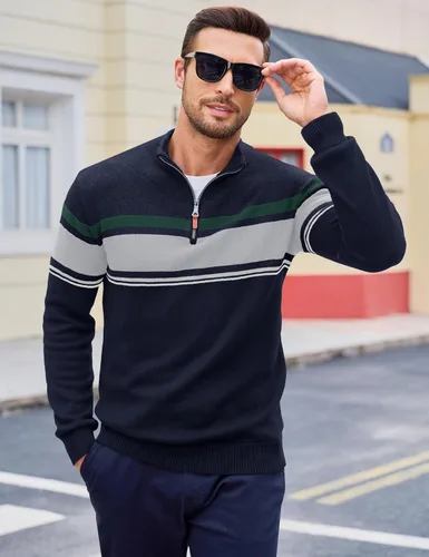Miniatura 28 de MAGCOMSEN Suéteres de algodón con cremallera de 1/4 para hombre, suéter tipo polo, a rayas, para otoño e invierno, sudaderas cálidas