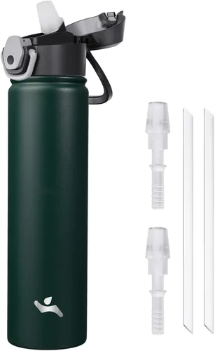 Miniatura 51 de Konokyo Botella de agua aislada de 22 onzas con pajilla, asa de transporte, verde militar