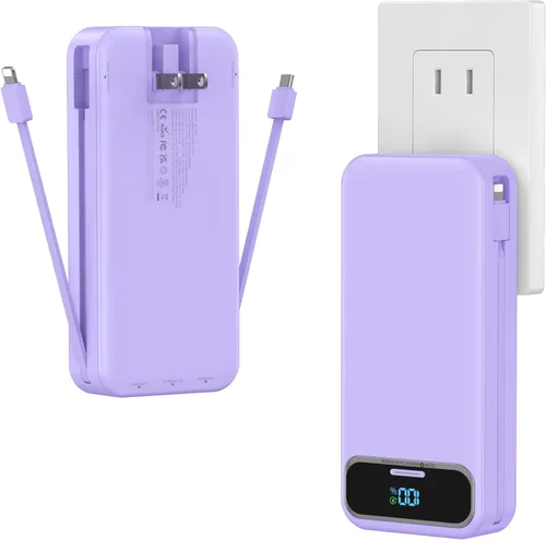 Miniatura 11 de Cargador portátil ligero de 12000 mAh con cables integrados y enchufe de pared de CA, batería de carga rápida PD20W USB-C, pantalla LED, cargador