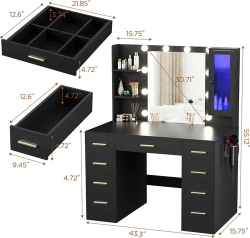 Miniatura 7 de ERLEJIA Escritorio de tocador con espejo y luces, tocador de maquillaje grande de 43 pulgadas con 9 cajones, 3 estantes abiertos, iluminación LED