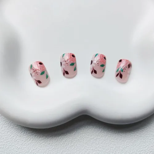 Miniatura 2 de Uñas postizas a presión de otoño, uñas postizas cuadradas cortas de cobertura completa con diseño de flores rosas, lindas uñas acrílicas brillantes