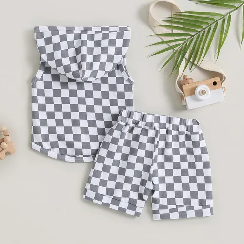 Miniatura 7 de Conjunto de ropa de verano para bebé, sin mangas, con capucha y pantalones cortos casuales
