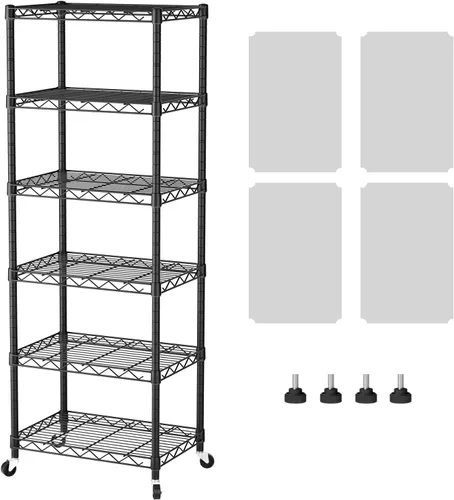 Miniatura 11 de SINGAYE Estante de almacenamiento ajustable de 4 niveles con ruedas, estantería resistente, estantes de alambre para garaje, oficina, despensa, Negro