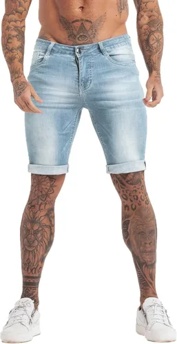 Miniatura 2 de GINGTTO Pantalones cortos de mezclilla para hombre, corte ajustado, elásticos, rasgados