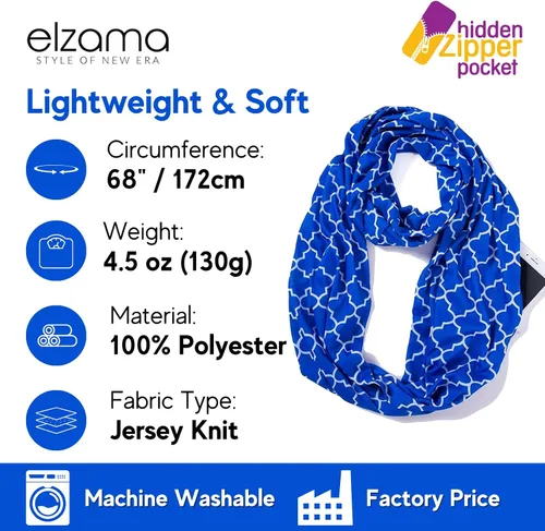 Miniatura 5 de elzama Infinity Loop Jersey Scarf with Hidden Zipper Pocket Printed Patterns for Women - Travel Wrap for Fall Winter