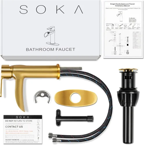 Miniatura 7 de SOKA Grifo dorado para lavabo de baño con cascada, grifo de lavabo de un solo orificio con drenaje emergente, grifo moderno para fregadero de tocador