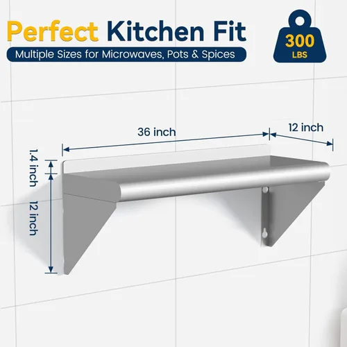 Miniatura 3 de Estante de acero inoxidable de 12 x 36 pulgadas, estantes de acero inoxidable comerciales de 300 libras para montaje en pared, estantes de metal 1