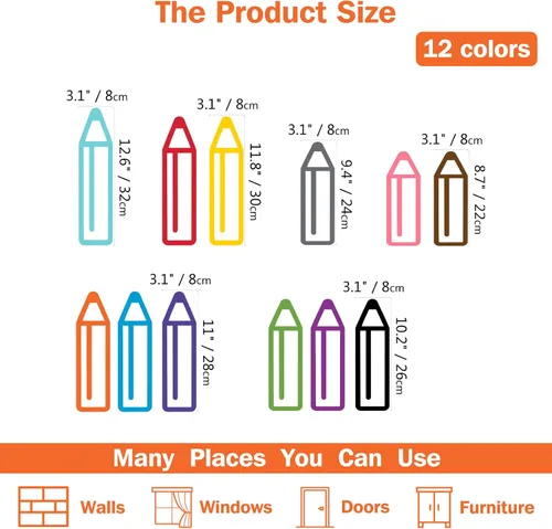 Miniatura 3 de PLIGREAT Lápices de 12 colores adhesivos de pared, calcomanías de pared para despegar y pegar, adhesivo de pared de vinilo extraíble para el hogar