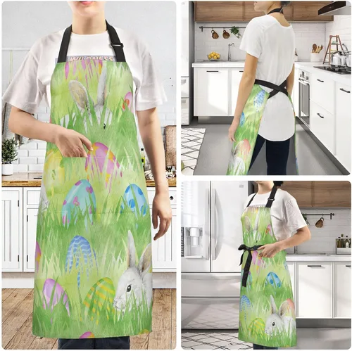 Miniatura 6 de Delantal con diseño de huevos de conejo de Pascua en acuarela para mujeres y hombres, delantal de cocina con cuello ajustable y bolsillos grandes