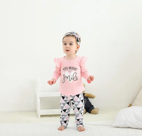 Miniatura 2 de Conjunto de 3 piezas de ropa de bebé niña de manga larga con letras pantalones casuales y diadema