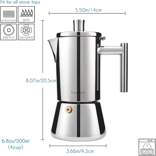 Miniatura 2 de Easyworkz Diego - Cafetera de café expreso para estufa, 4 tazas, 6.8 onzas, con mango largo hueco de acero inoxidable, cuchara medidora de 0.27