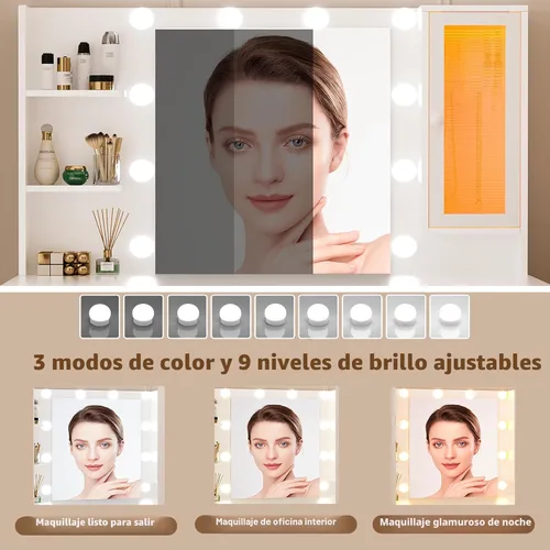 Miniatura 4 de ERLEJIA Escritorio de tocador con espejo y luces, escritorio grande de maquillaje blanco de 43 pulgadas con 9 cajones y toma de corriente, 3