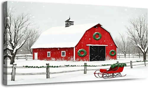 Lienzo decorativo de 30 x 60 pulgadas, decoración de casa de campo, escena de nieve de invierno, rústico, vintage, granero rojo, cuadros enmarcados,