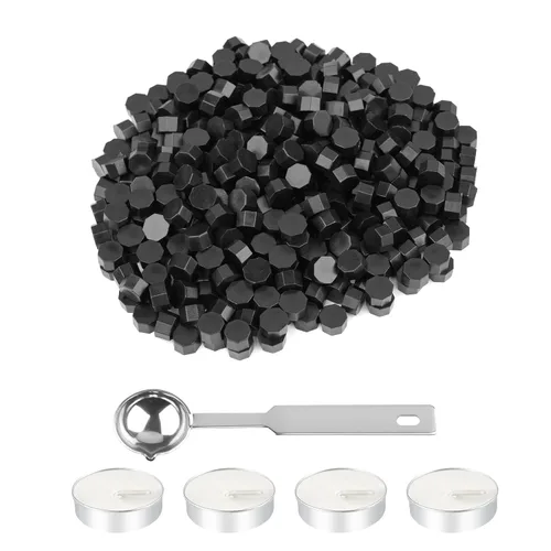 Miniatura 10 de NACHLYNN 600 cuentas de cera de sellado octágono, cuentas de sello de cera blanca con 1 cuchara de fusión y 4 velas de té para tarjetas