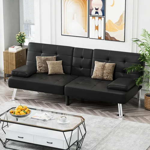 Miniatura 7 de Homall Sofá Cama Futón, Sofá Futón de Cuero con Reposabrazos Removibles, Sofá Cama Reclinable para Dormir Ajustable con Portavasos Dobles para Sala