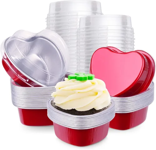 yeload 60 moldes para pasteles en forma de corazón con tapas, mini moldes de aluminio, 3.4 onzas/3.4 fl oz de papel de aluminio desechable, molde