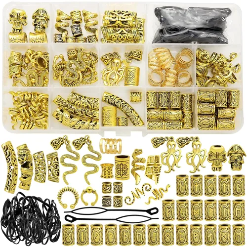 Miniatura 9 de 207 piezas de joyería para cabello vikingo, cuentas de runas nórdicas en tubo, kit de accesorios para trenzas, rastas, barba, locs, clips metálicos