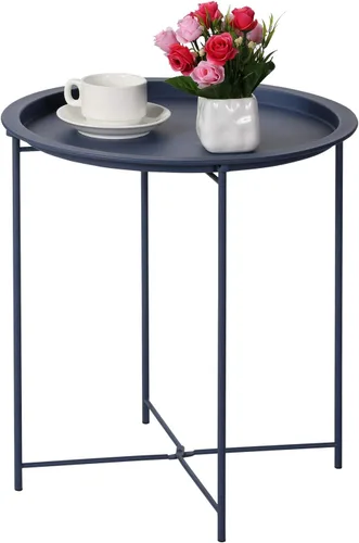VECELO Mesas auxiliares modernas, bandeja plegable redonda de metal, mesita de noche estable para exteriores, espacio pequeño, sala de estar y Azul