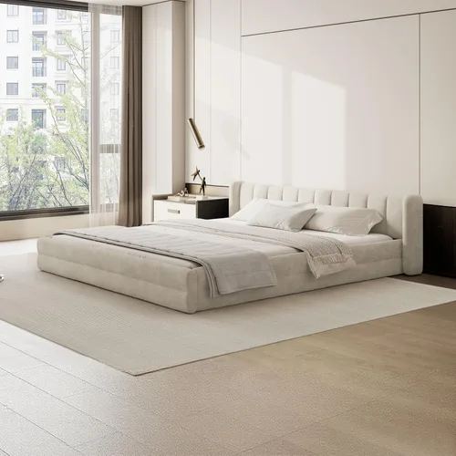 Miniatura 19 de DEINPPA - Marco de cama tamaño Queen con cabecero suave tipo nube, base de cama de madera con tapizado de chenilla, no necesita somier - Beige