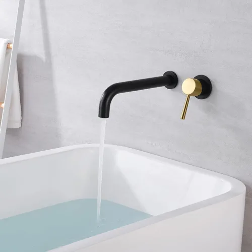 Miniatura 5 de SUMERAIN Grifo de bañera de montaje en pared Grifo de bañera de baño con boquilla de llenado de bañera larga, acabado negro y dorado, manija única