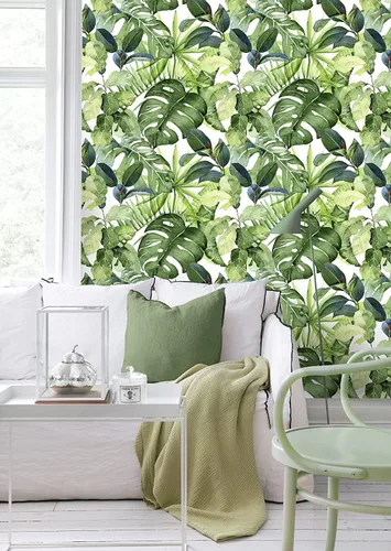 Miniatura 2 de HAOKHOME Papel tapiz tropical para despegar y pegar hojas de palma, extraíble, para decoración del hogar, 17.7 x 393 pulgadas
