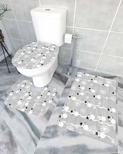 Miniatura 9 de Juego de 3 alfombras de baño de Feliz Navidad, diseño de muñeco de nieve, copo de nieve, gris nieve, absorbente, antideslizante, tapete