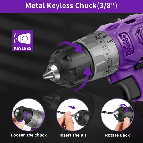 Miniatura 4 de Juego de taladro inalámbrico sin escobillas morado, kit de controlador de potencia compacto de 20 V con motor eléctrico, ajuste de par de 20+3, 48