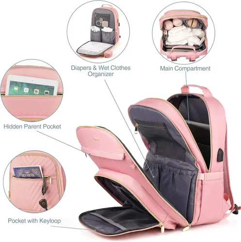 Miniatura 4 de MOMUVO Mochila para pañales, bolsa de bebé acolchada con cambiador, correas para cochecito y funda para chupete, bolsas de pañales de viaje grandes