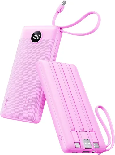 Miniatura 10 de VRURC Cargador portátil, batería de viaje compacta con 4 cables integrados de 10000 mAh, banco de carga USB C con pantalla LED, batería de viaje