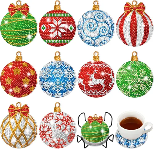 10 piezas de posavasos de arte de diamante con bola de Navidad DIY Posavasos de pintura de diamante rojo y verde con copo de nieve y alce de Navidad
