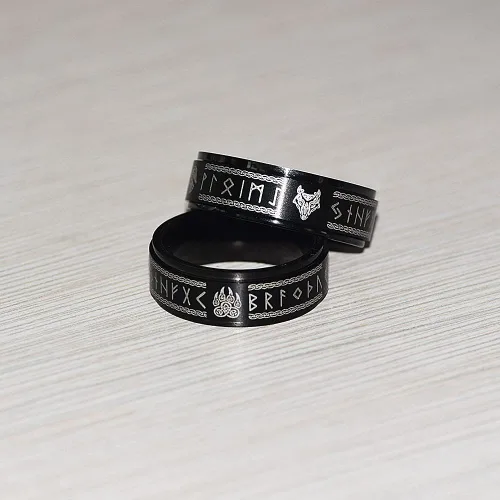 Miniatura 4 de FLYUN Anillos vikingos nórdicos para hombre, runas celtas, anillo de acero inoxidable negro para hombre, Metal, Acero inoxidable
