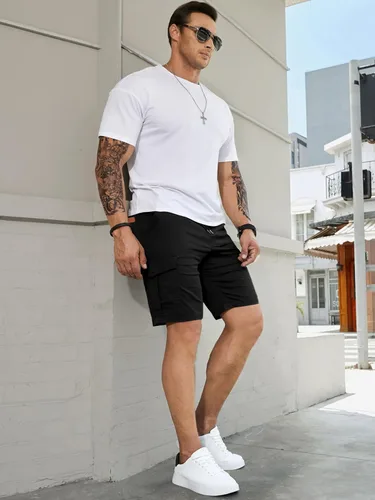 Miniatura 8 de JMIERR Pantalones cortos de carga casuales para hombre, de algodón, con cordón elástico, para verano, playa, pantalones cortos chinos con 6 bolsillos