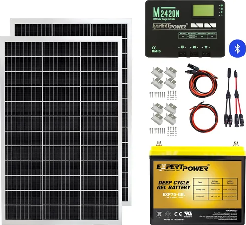 ExpertPower Kit de energía solar de 200 W y 12 V con batería: batería de gel de 900 Wh + panel solar mono de 200 W + controlador de carga MPPT de 20
