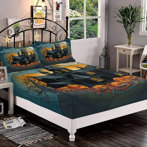Miniatura 24 de XISUNYA Juego de sábanas decorativas tamaño Queen, juego de sábanas bajeras y 2 fundas de almohada con bolsillos profundos de Halloween