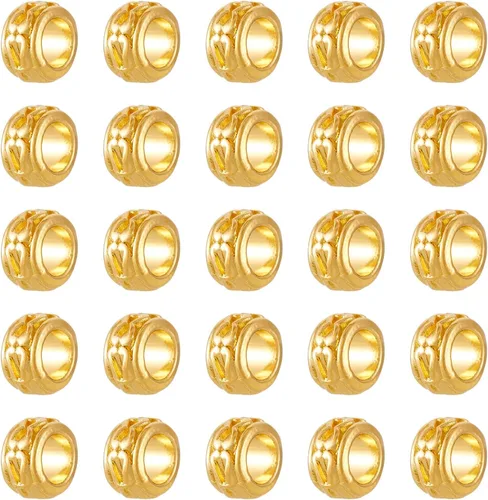 KISSITTY 100 cuentas espaciadoras de Rondelle doradas antiguas con agujero grande de metal, cuentas sueltas de 0.236 pulgadas de diámetro con