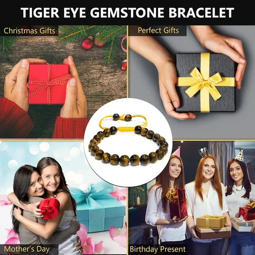 Miniatura 307 de Adjustable Crystal Bracelet – Gemstone Bead Bracelet with Adjustable Macrame String – Chic Gemstone Bracelet for Men and Women – 8mm Round Healing
