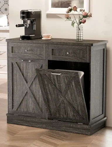 Miniatura 12 de TOLEAD Gabinete de basura oculto de madera de 10 galones con parte superior y cajón de madera maciza, contenedor de basura de cocina de granja