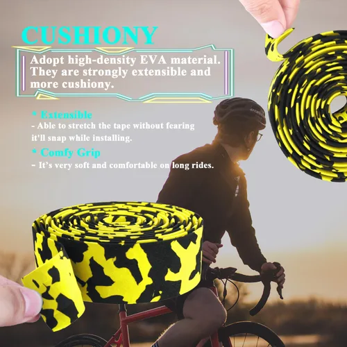 Miniatura 3 de KINGOU Cinta de manillar de bicicleta de carretera EVA camuflaje negro y amarillo con tapones de barra - 2 piezas por juego Negro&Amarillo
