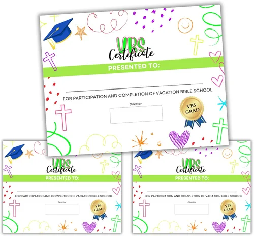 VBS Certificados de finalización | Paquete de 50 certificados de graduación de asistencia Premio religioso para niños, 11 x 8.5 pulgadas,
