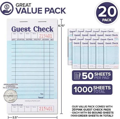 Miniatura 2 de Stock Your Home Libros azules de cheques de invitados para servidores (paquete de 20) bloc de notas de servidor, cuaderno de cheques de camarero