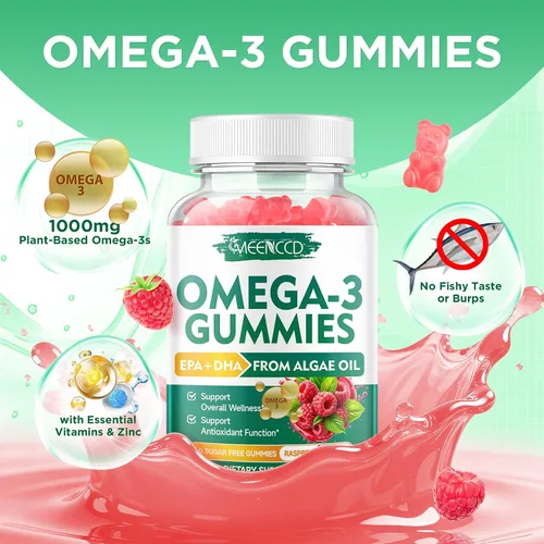 Miniatura 7 de Paquete de 2 gomitas Omega-3 de 1000 mg, aceite de pescado alternativo de Omega 3 para adultos, DHA a base de algas de 600 mg y EPA 300 mg +