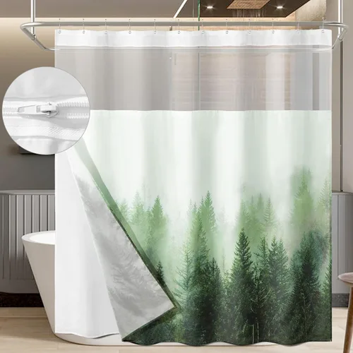 Miniatura 4 de ORTIGIA Misty Forest - Cortina de ducha con forro para baño, juego de cortina de ducha natural de doble capa verde con ventana superior