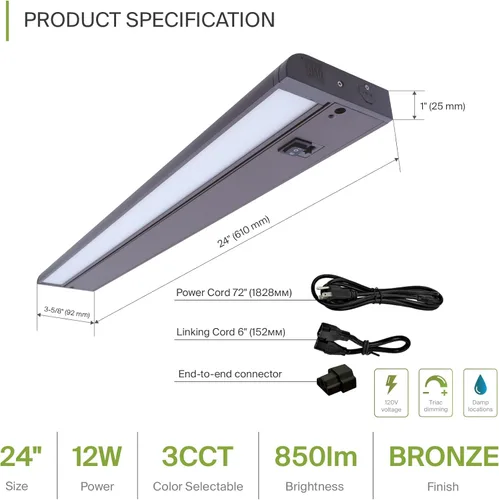 Miniatura 2 de ASD Iluminación LED giratoria para debajo del gabinete color bronce, 24 pulgadas 12W, con cableado o enchufe, 2700K/3000K/4000K, interruptor