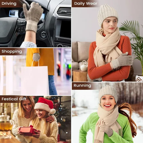 Miniatura 8 de Conjunto de gorro de invierno para mujer + bufanda larga + guantes para pantalla táctil, conjunto de ropa cálida con forro polar de punto