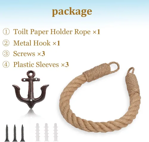 Miniatura 2 de Soporte para papel higiénico de cuerda náutica, anillo de toalla montado en la pared, soporte de papel higiénico náutico con ganchos de metal, Negro