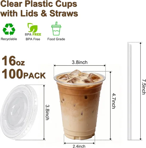 Miniatura 5 de Paquete de 100 vasos de plástico transparente de 16 onzas con tapas y pajitas, vasos desechables para café helado, a prueba de fugas, vasos de PET