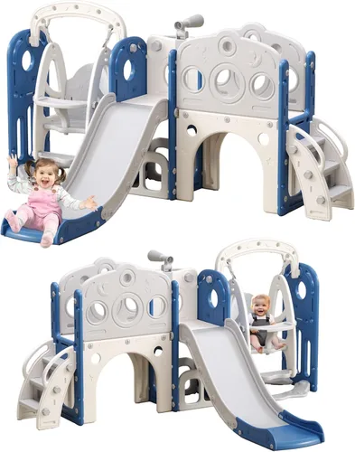 Miniatura 7 de GITAWUSA Juego de tobogán y columpio 9 en 1 para niños pequeños de 1 a 3 años, para interiores y exteriores, con aro de baloncesto, telescopio